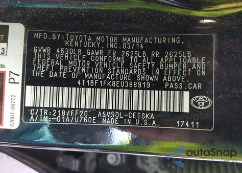2014 Toyota Camry Se z USA, uszkodzony, nr VIN 4T1BF1FK8EU388919